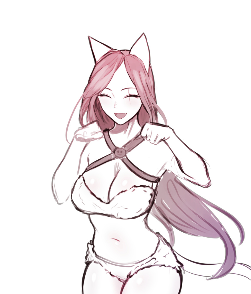 1girl absurdres animal_ears bangs breasts cat_ears cat_girl cat_tail cel_da_lin cleavage closed_eyes cowboy_shot facing_viewer fang hands_up highres katarina_(league_of_legends) kitty_cat_katarina large_breasts league_of_legends leaning_forward long_hair navel official_alternate_costume open_mouth parted_bangs paw_pose red_hair sketch smile solo tail