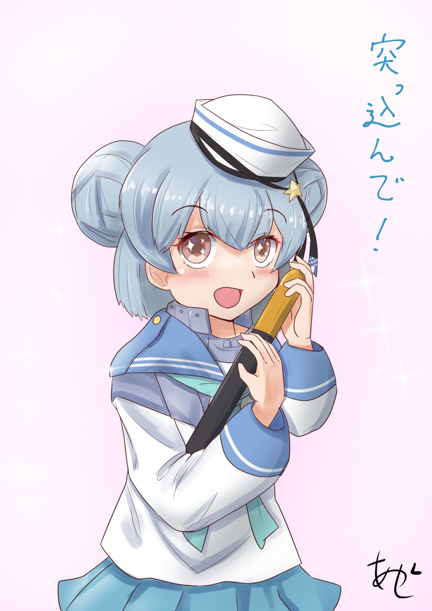 +_+ 1girl akashieru aqua_neckerchief aqua_skirt black_ribbon blue_hair blue_sailor_collar brown_eyes commentary_request cowboy_shot dixie_cup_hat double_bun hair_bun hat hat_ribbon highres holding holding_torpedo kantai_collection long_sleeves military_hat miniskirt neckerchief one-hour_drawing_challenge pleated_skirt ribbon sailor_collar samuel_b._roberts_(kancolle) school_uniform serafuku shirt short_hair simple_background skirt sleeve_cuffs solo torpedo translation_request white_background white_headwear white_shirt