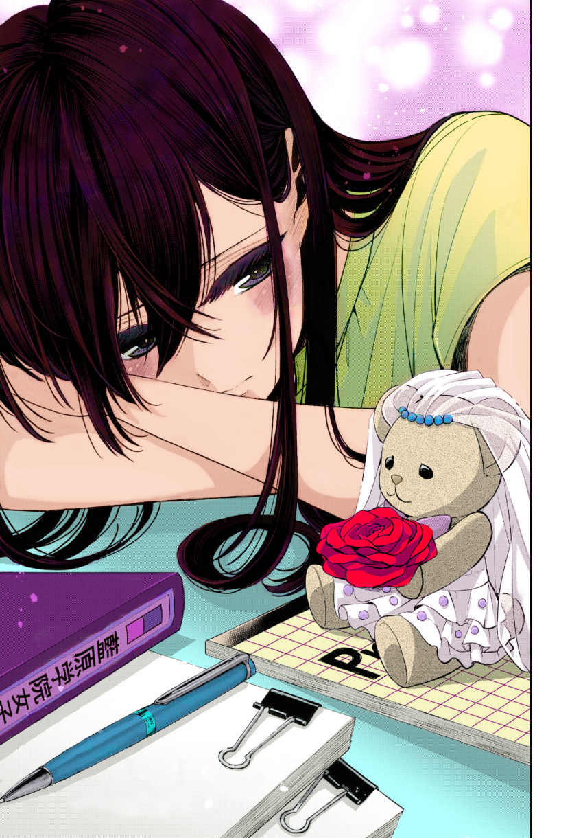 1girl aihara_mei book citrus_(saburouta) colorized desk flower glance highres ohioxoiho pen pink_background purple_eyes purple_hair red_flower sideways_glance stuffed_animal stuffed_toy teddy_bear