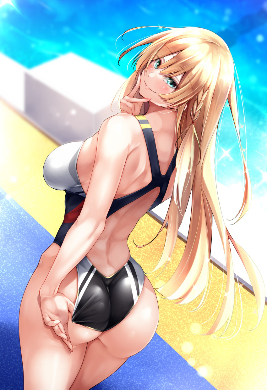 1girl absurdres adjusting_clothes adjusting_swimsuit ass azur_lane back back_focus blonde_hair blue_eyes blush breasts commentary_request competition_swimsuit highleg highres kongou_(azur_lane) long_hair looking_at_viewer looking_back one-piece_swimsuit oriue_wato sideboob smile solo swimsuit