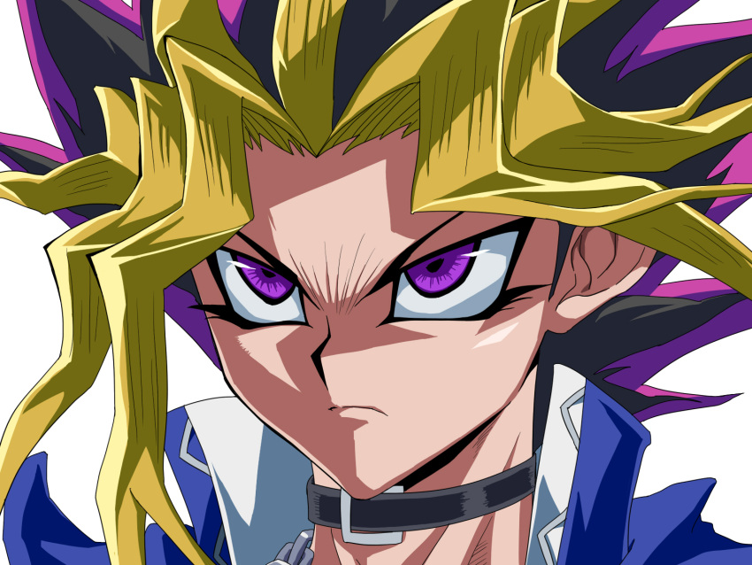 1boy black_collar black_hair blonde_hair blue_jacket collar frown highres jacket male_focus multicolored_hair official_style portrait purple_eyes purple_hair rom_(20) serious solo yami_yuugi yu-gi-oh!