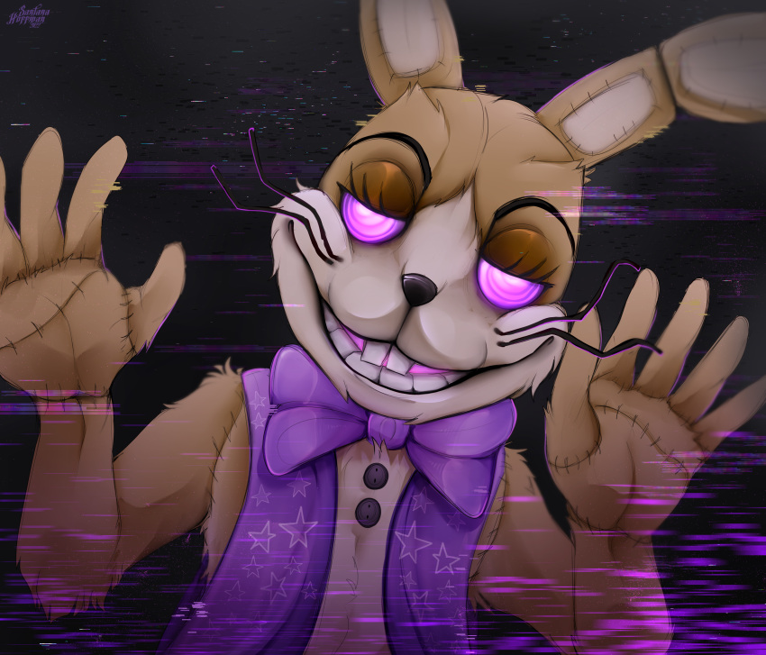 absurd_res anthro brown_body brown_fur bust_portrait button_(fastener) clothed clothing eyelashes five_nights_at_freddy's front_view fur glitchtrap hi_res lagomorph leporid male mammal narrowed_eyes patchwork_creature portrait purple_bow_tie purple_clothing purple_topwear rabbit ringed_eyes santanahoffman scottgames signature simple_background smile solo teeth topwear video_games white_body white_fur
