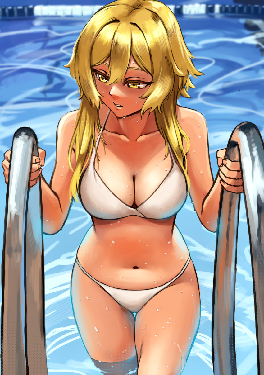 1girl absurdres bare_shoulders bikini blonde_hair breasts bug cleavage collarbone cowboy_shot firefly from_above genshin_impact hair_between_eyes hair_intakes half-closed_eyes highres looking_away lumine_(genshin_impact) medium_breasts navel partially_submerged pool pool_ladder rixch short_hair_with_long_locks sidelocks solo summer swimsuit thigh_gap water white_bikini yellow_eyes