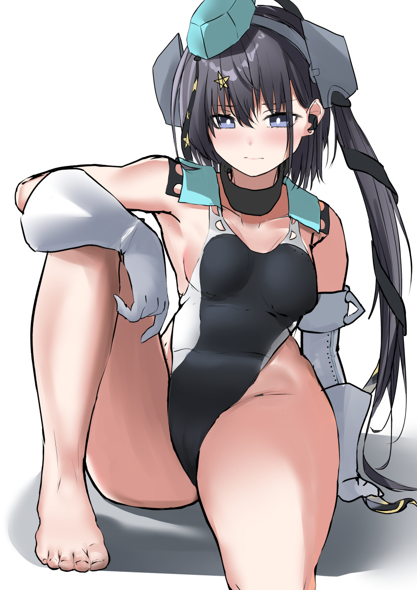 1girl absurdres aqua_headwear barefoot black_one-piece_swimsuit black_ribbon blue_eyes breasts cameltoe competition_swimsuit elbow_gloves feet garrison_cap gloves grey_hair hair_ornament hair_ribbon hat highleg highleg_swimsuit highres kantai_collection long_hair multicolored_clothes multicolored_swimsuit one-piece_swimsuit ribbon scamp_(kancolle) side_ponytail sigu1212 sitting small_breasts solo star_(symbol) star_hair_ornament swimsuit thick_thighs thighs toes white_gloves white_one-piece_swimsuit