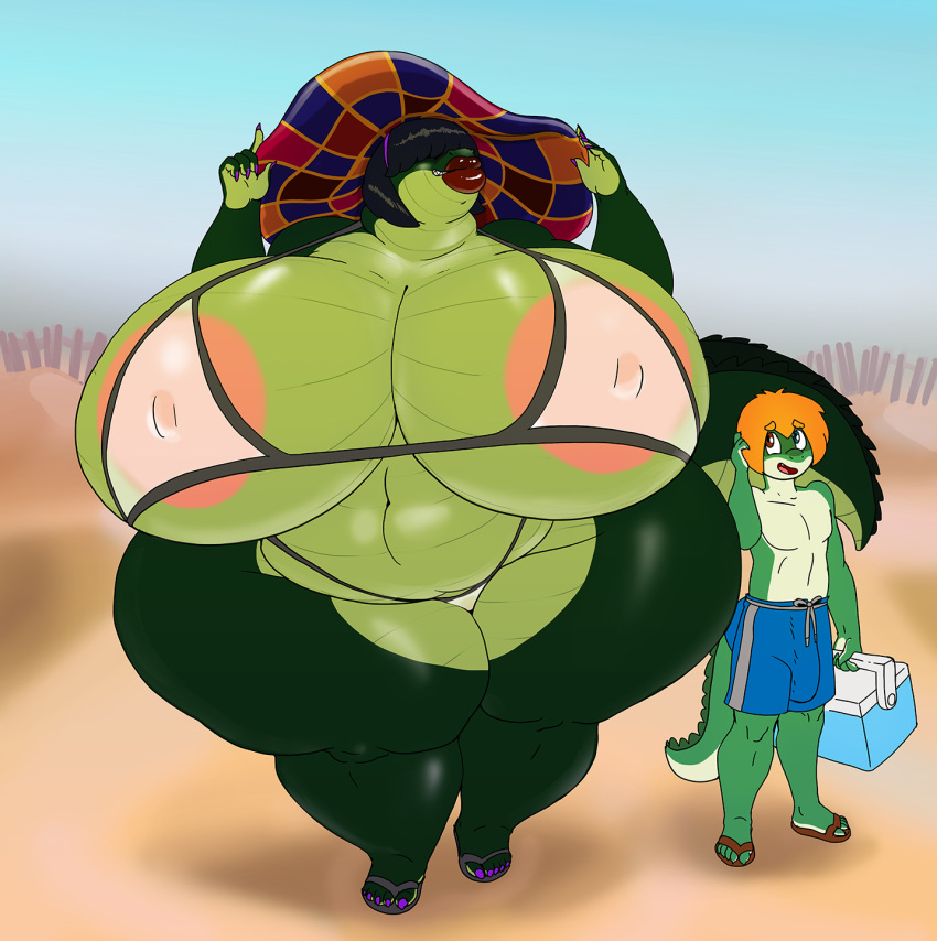 anthro areola areola_slip beach big_areola big_breasts bikini biped black_hair blue_eyes bottomwear breasts brown_eyes carol_(psychoanimator) cleavage clothed clothing colored_nails cooler crocodile crocodilian crocodylid curvy_figure duo female fence footwear genitals green_body green_scales hair hair_over_eyes hat headgear headwear heterochromia hi_res holding_cooler holding_object huge_breasts hyper hyper_breasts larger_female lips male nails navel nipple_outline non-mammal_breasts obese obese_female open_mouth open_smile orange_hair overweight overweight_female penis_shaped_bulge pink_areola purple_nails pussy reptile sandals scales scalie seaside sharp_teeth shorts size_difference sky smaller_male smile swimwear teeth thick_lips thick_thighs topless translucent translucent_clothing vdisco voluptuous walton_(vdisco) wide_hips