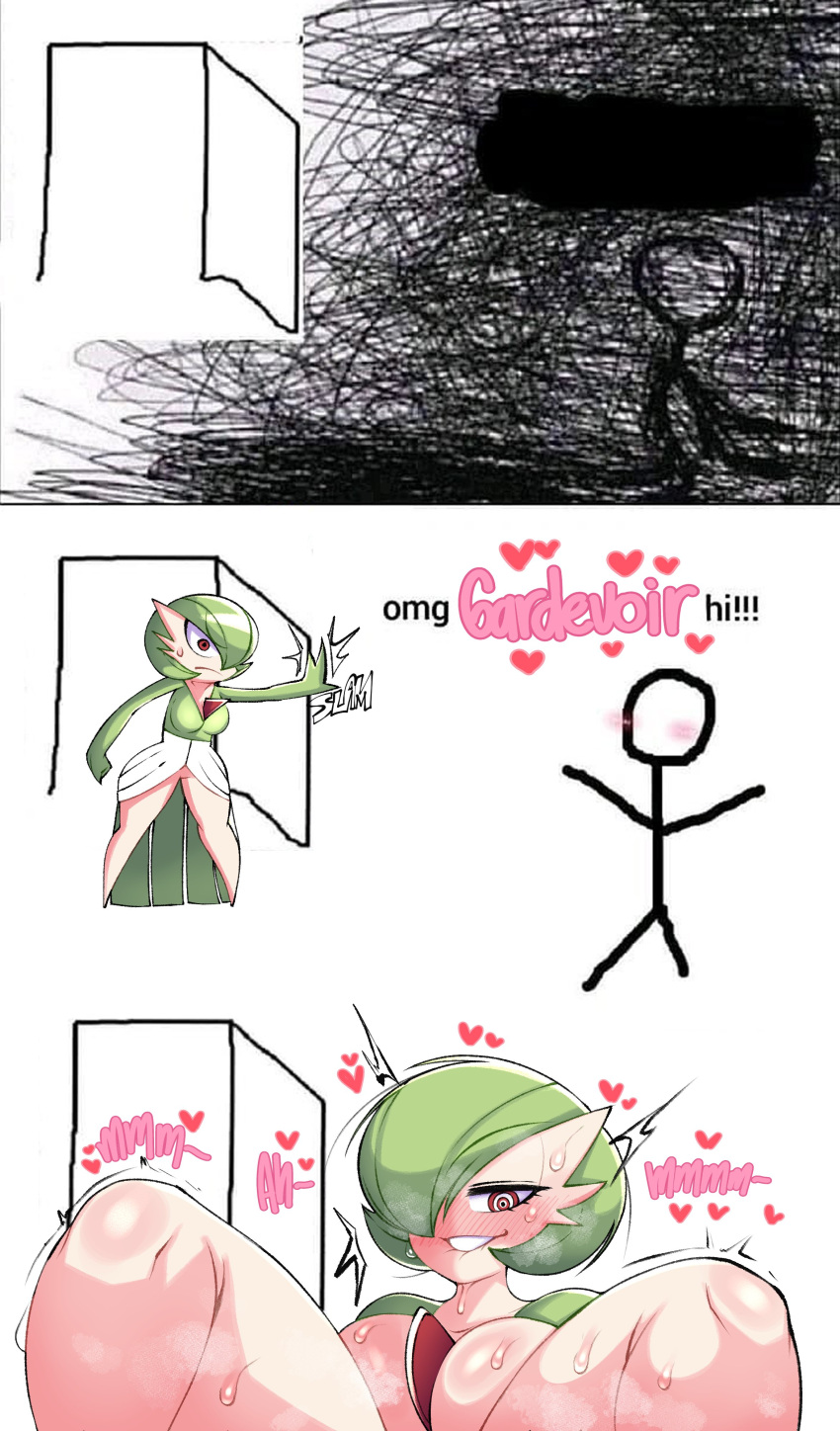 &lt;3 absurd_res ambiguous_gender big_breasts bite biting_lip blush bodily_fluids breasts duo english_text exclamation_point female gardevoir generation_3_pokemon green_hair hair hair_over_eye half-closed_eyes hi_res human humanoid looking_at_viewer mammal meme narrowed_eyes nintendo offscreen_sex one_eye_obstructed pokemon pokemon_(species) red_eyes saltyxodium shitpost smile stick_figure sweat text video_games white_body