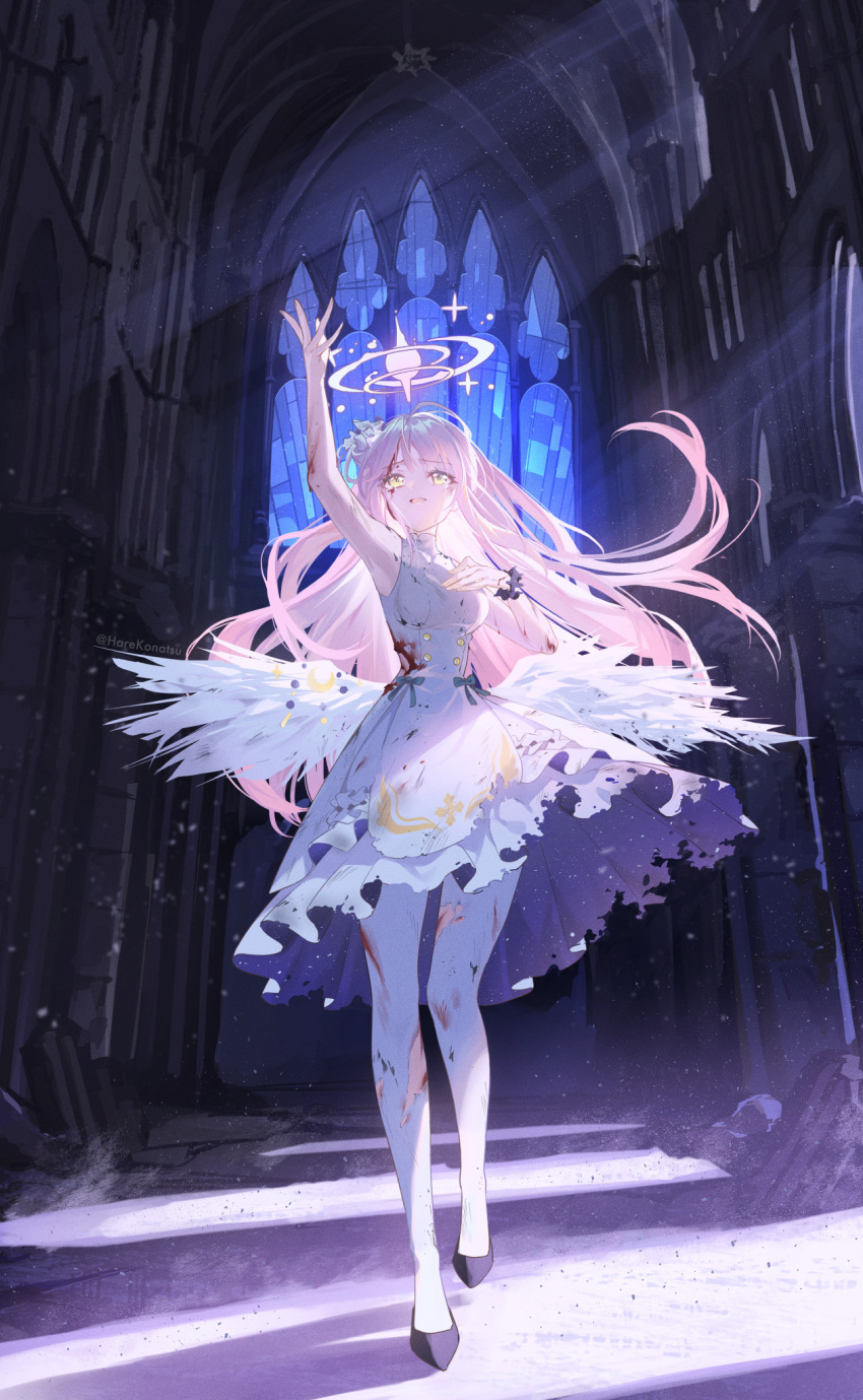 1girl arm_up black_footwear bleeding blood blue_archive blue_ribbon buttons crescent crying crying_with_eyes_open cuts dress dust frilled_dress frills full_body hair_ornament halo hand_on_own_chest highres indoors injury konatsu_hare light_particles light_rays long_hair looking_up low_wings mika_(blue_archive) open_mouth pantyhose pink_hair ribbon rubble scrunchie shadow solo spoilers stained_glass sunbeam sunlight tears torn_clothes twitter_username white_dress white_pantyhose white_wings window wings wrist_scrunchie yellow_eyes