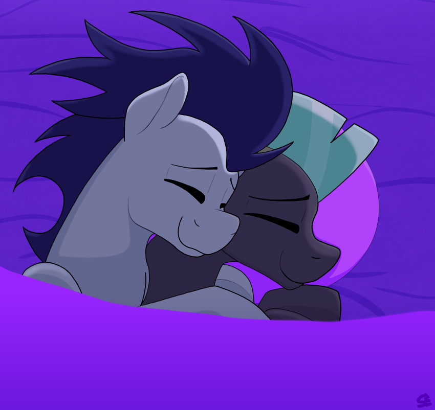 2022 absurd_res bed blue_body blue_mane cuddling digital_media_(artwork) duo equid equine eyebrows eyes_closed feral friendship_is_magic furniture grey_body hasbro hi_res horse male male/male mammal mane my_little_pony on_bed pegasus pillow pony purple_bed purple_pillow sefastpone sleeping smile soarin_(mlp) spooning thunderlane_(mlp) under_covers wings wonderbolts_(mlp)