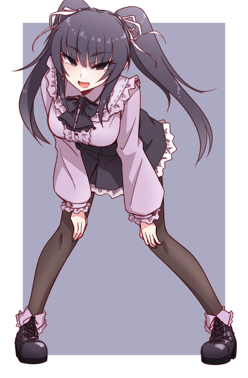 1girl :d black_footwear black_hair black_skirt breasts brown_pantyhose center_frills commentary_request frilled_skirt frilled_sleeves frills full_body grey_background hair_ribbon highres ikune_juugo leaning_forward long_hair long_sleeves looking_at_viewer medium_breasts mole mole_under_eye original pantyhose puffy_long_sleeves puffy_sleeves purple_eyes purple_shirt ribbon shirt shoes skirt sleeves_past_wrists smile solo standing thick_eyebrows twintails two-tone_background very_long_hair white_background white_ribbon