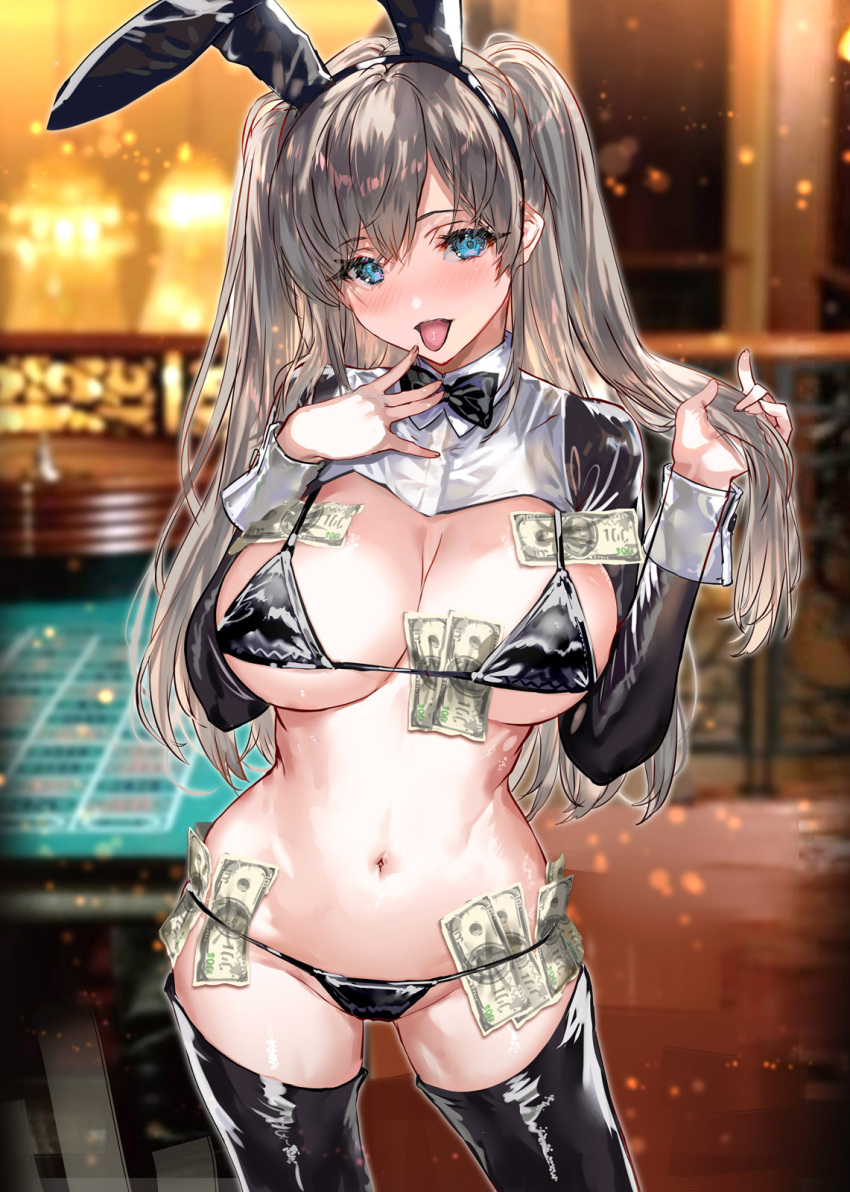 1girl animal_ears bangs black_bow black_bowtie black_hairband black_thighhighs blue_eyes blush bow bowtie breasts cleavage cowboy_shot fake_animal_ears grey_hair hairband highres long_hair long_sleeves looking_at_viewer money navel open_mouth original playboy_bunny poker_table rabbit_ears ran'ou_(tamago_no_kimi) smile solo table thighhighs thighs tongue tongue_out twintails underboob