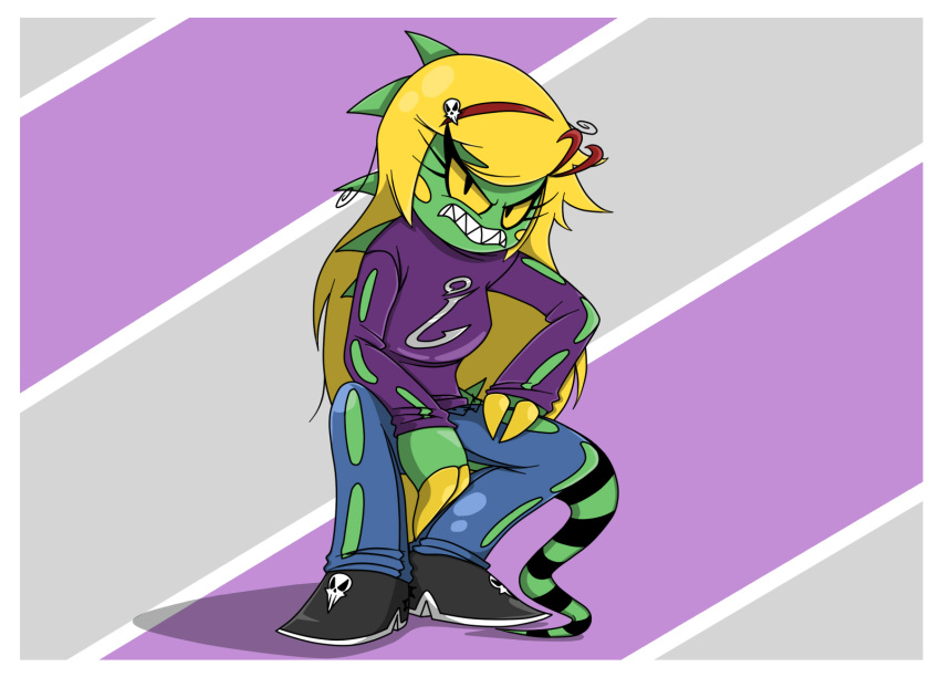 2016 3_fingers accessory angry anthro blonde_hair claws clothed clothing crouching eliza_(nelljoestar) female fingers green_body hair headband hi_res iguanid lizard long_hair long_tail looking_at_viewer nelljoestar reptile scalie sharp_teeth skull_symbol solo teeth torn_clothing yellow_claws yellow_sclera