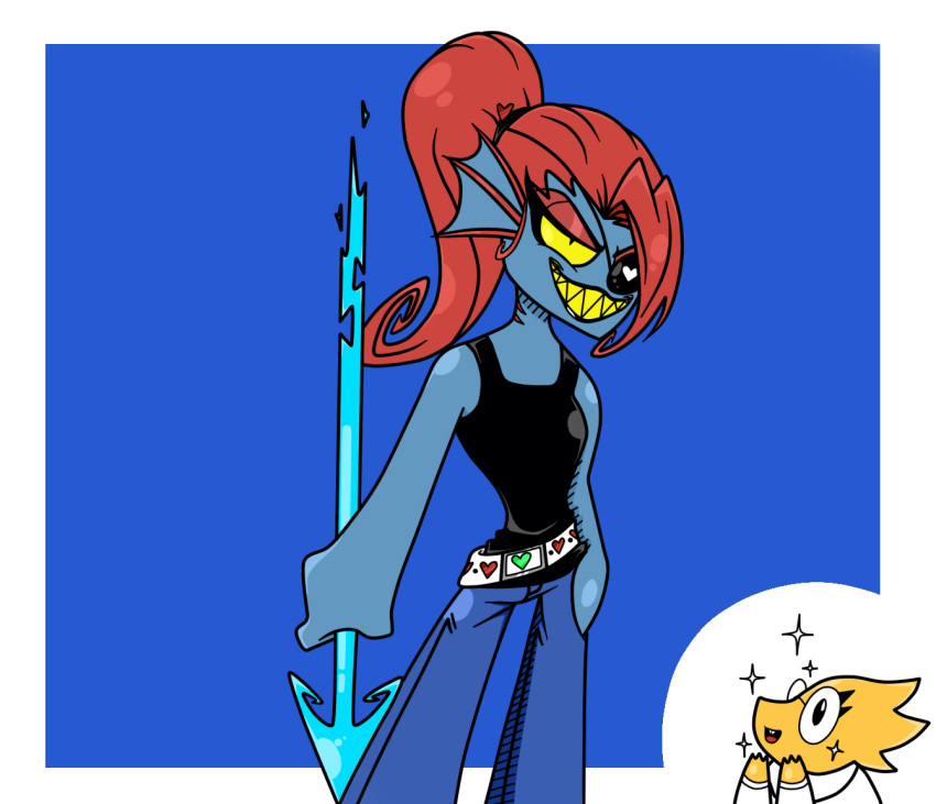 2016 alphys belt blue_body bottomwear clothed clothing denim denim_clothing dinosaur ear_fins eyewear female fin fish glasses hair humanoid jeans long_hair marine melee_weapon nelljoestar pants polearm ponytail red_hair reptile scalie sharp_teeth shirt solo spear tank_top teeth topwear undertale_(series) undyne weapon yellow_body yellow_sclera yellow_teeth