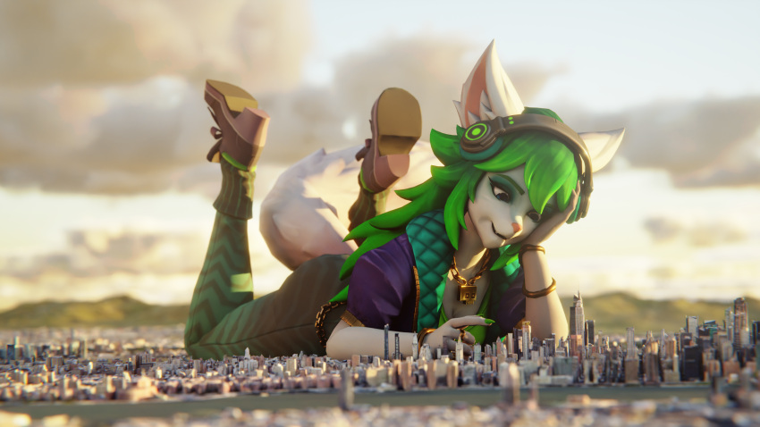 16:9 2022 3d_(artwork) 4k 5_fingers absurd_res anthro blender_(software) bottomwear building canid canine city clothing cloud digital_media_(artwork) female fingers fox giga headphones hi_res macro mammal mountain paladins pants plantigrade rileyfoxxo river salt_(paladins) sky skyscraper solo water widescreen