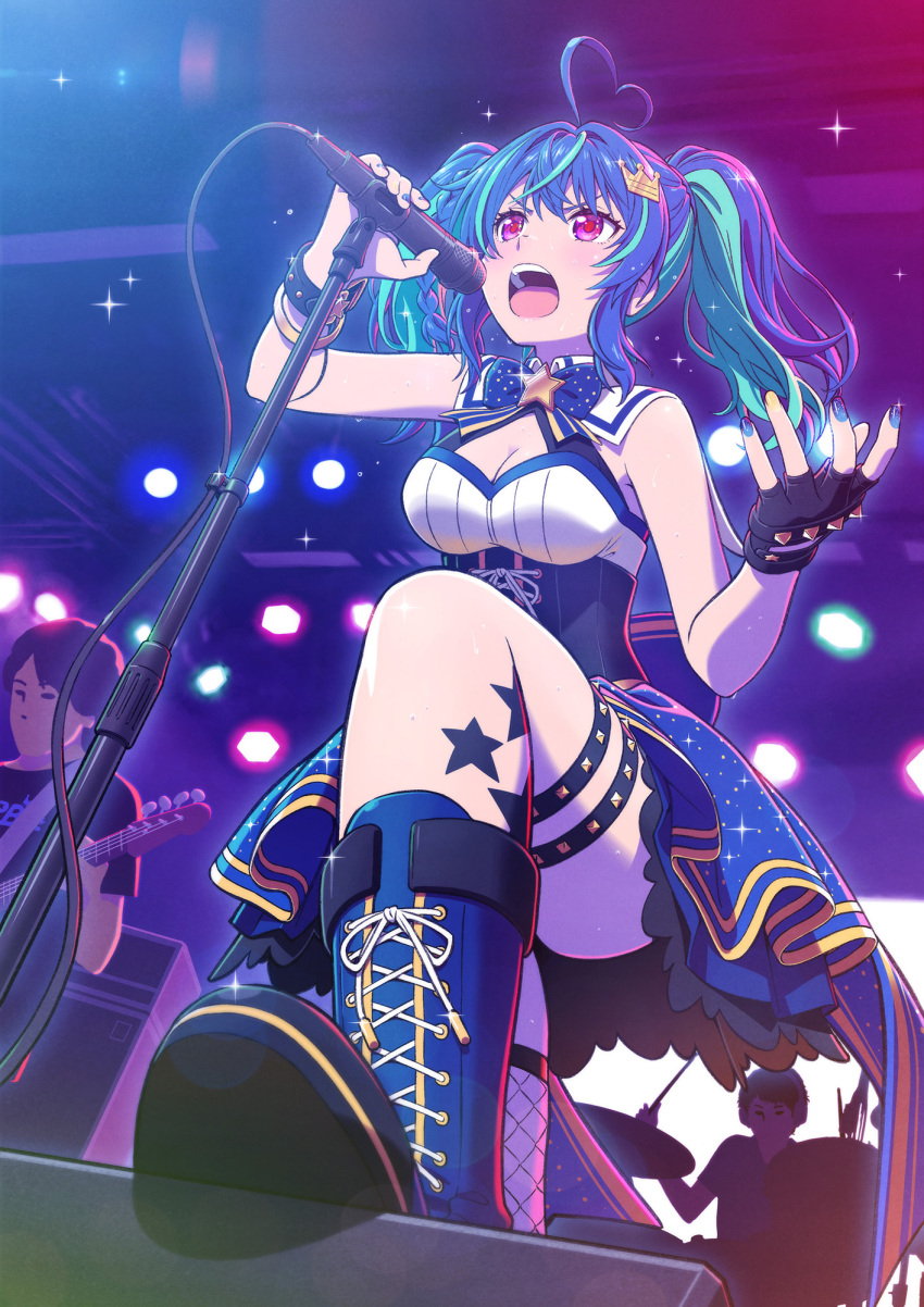 1girl 2boys ahoge alive_musix amplifier bangs blue_hair blush boots bow breasts brooch cleavage cleavage_cutout clothing_cutout concert corset cross-laced_footwear crown_hair_ornament dress fingerless_gloves fishnet_thighhighs fishnets from_below gloves green_hair hair_intakes heart heart_ahoge highres jewelry lace-up_boots layered_dress leg_tattoo long_hair mair_(alive_musix) medium_breasts microphone microphone_stand multicolored_hair multiple_boys multiple_bracelets music nail_polish open_mouth pink_eyes shiwasu_takashi singing single_fingerless_glove single_fishnet_legwear sleeveless sleeveless_dress solo_focus sparkle stage_lights star_ornament star_tattoo streaked_hair studded_bracelet studded_thigh_strap tattoo thigh_strap thighhighs twintails virtual_youtuber