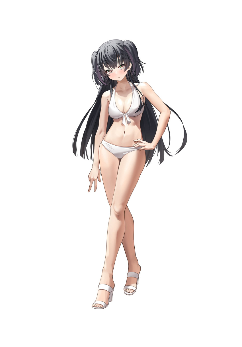 1girl bangs bare_shoulders bikini black_hair blush breasts brown_eyes closed_mouth collarbone commentary front-tie_top full_body hand_on_hip high_heels highres idean_hunt idolmaster idolmaster_shiny_colors long_hair looking_at_viewer mayuzumi_fuyuko medium_breasts navel simple_background standing swimsuit very_long_hair white_background white_bikini white_footwear