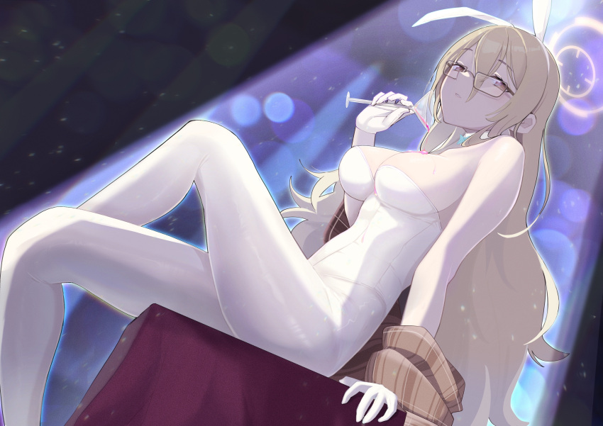 1girl absurdres akane_(blue_archive) akane_(bunny)_(blue_archive) animal_ears arm_support blue_archive breasts brown_eyes cup drinking_glass fake_animal_ears glasses gloves hair_between_eyes halo highres holding holding_cup large_breasts leotard light_brown_hair long_hair looking_at_viewer pantyhose parted_lips playboy_bunny rabbit_ears sitting solo urode white_gloves white_leotard white_pantyhose