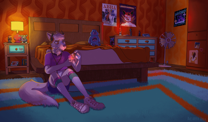 anthro atehrea bed bedroom bodily_fluids burning canid canine canis clothed clothing crying dim_lighting fire footwear fur furniture headphones hi_res knee_highs knee_socks legwear male mammal plushie poster sad shoes sneakers socks solo tears teddy_bear teenager white_body white_fur wolf young