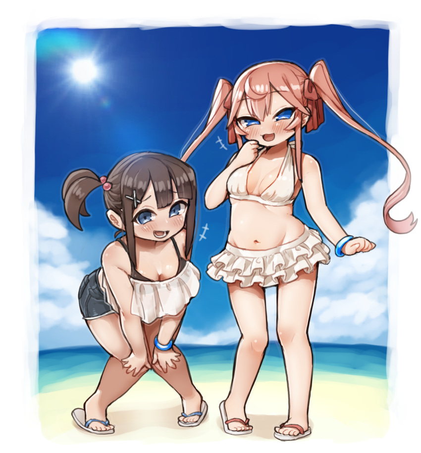 2girls absurdres bangle bangs blue_eyes blue_sky blunt_bangs blush border bracelet breasts brown_hair cleavage commentary_request full_body hair_between_eyes hair_ornament highres ichika_(ichika_manga) jewelry knees_together_feet_apart leaning_forward long_hair looking_at_viewer multiple_girls navel no_nose open_mouth original outdoors outline sandals shadow side_ponytail sidelocks sky standing sun tareme tsurime twintails white_border