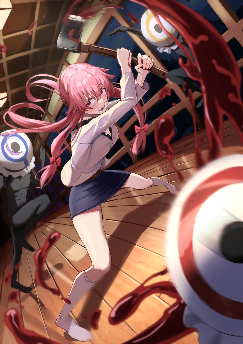 1girl 3others :d absurdres axe bangs belt belt_buckle black_bodysuit blood blood_splatter blurry bodysuit bow breasts brown_belt buckle cleavage depth_of_field eyebrows_hidden_by_hair fighting floating_hair gasai_yuno grey_skirt hair_between_eyes hair_bow highres hirasaka_yomotsu holding holding_axe kneehighs long_hair long_sleeves manno_(kanpi2100) medium_breasts miniskirt mirai_nikki multiple_others night open_mouth pencil_skirt pink_hair red_bow red_eyes shiny shiny_hair shirt skirt smile socks very_long_hair white_shirt white_socks