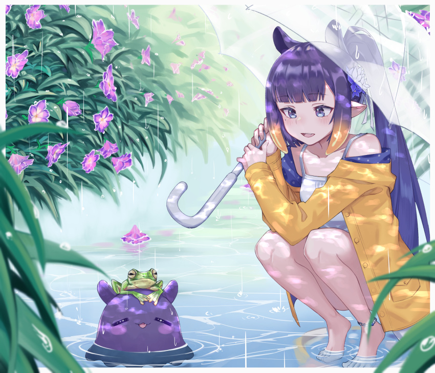 1girl absurdres anklet bangs barefoot blunt_bangs dress frog gradient_hair highres holding hololive hololive_english jewelry kiwwwwwi long_hair multicolored_hair ninomae_ina'nis open_mouth orange_hair pointy_ears purple_hair rain raincoat smile takodachi_(ninomae_ina'nis) tentacle_hair tentacles transparent transparent_umbrella umbrella very_long_hair violet_(ninomae_ina'nis) virtual_youtuber water_drop wet yellow_raincoat