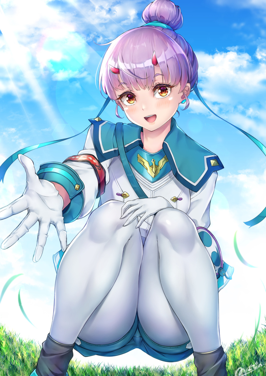 1girl :d aqua_shorts bangs brown_eyes commentary_request day fiona_(xenoblade) gloves grass hair_bun hair_ribbon highres light_rays looking_at_viewer novady open_mouth outdoors outstretched_arm pantyhose purple_hair ribbon shirt shorts signature sky smile solo squatting teeth upper_teeth white_gloves white_pantyhose white_shirt xenoblade_chronicles_(series) xenoblade_chronicles_3