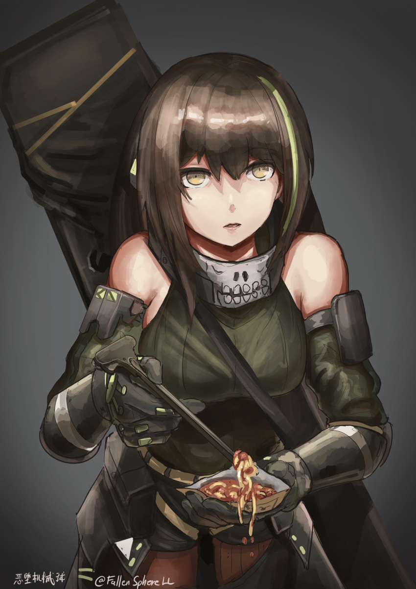 1girl absurdres bandana brown_hair commentary detached_sleeves english_commentary fallenspherell field_ration food girls'_frontline gloves green_eyes green_hair gun_case highres holding holding_food incoming_food looking_at_viewer m4a1_(girls'_frontline) mod3_(girls'_frontline) multicolored_hair particle_cannon_case pasta skull_print solo spaghetti streaked_hair utensil