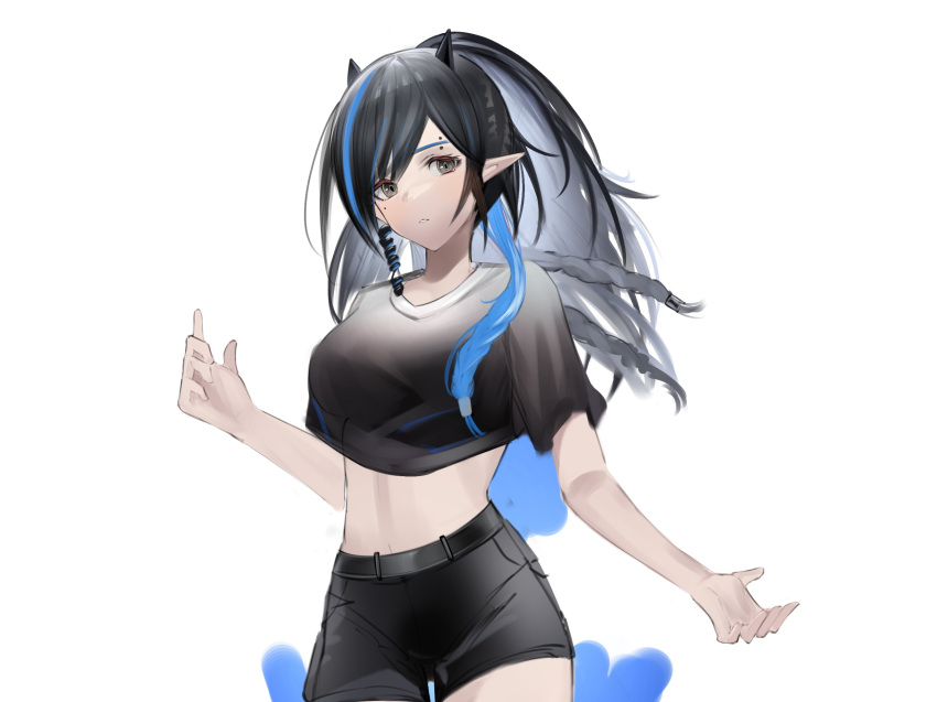 1girl arknights black_eyes black_hair black_shirt black_shorts blacknight_(arknights) blue_hair commentary cowboy_shot crop_top crop_top_overhang eugle_na head_tilt highres horns long_hair looking_at_viewer midriff multicolored_hair navel pointy_ears ponytail shirt short_shorts shorts solo standing stomach streaked_hair unfinished
