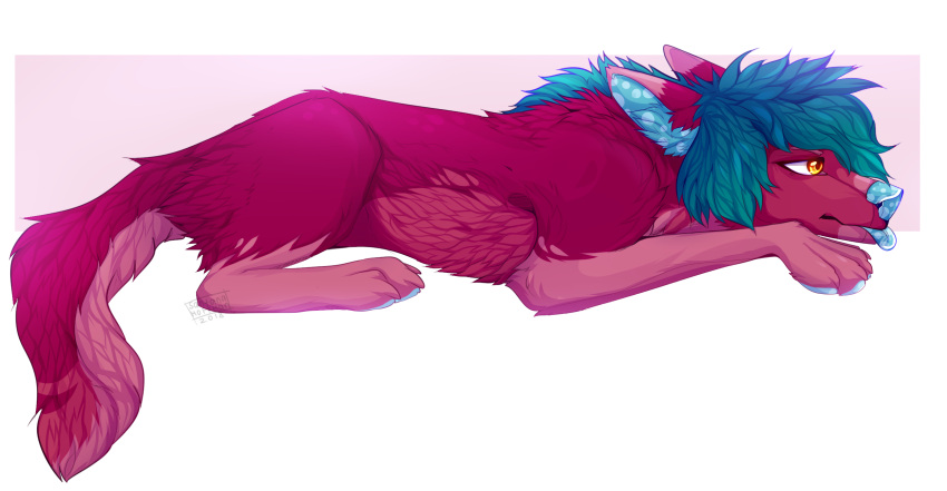 2018 ambiguous_gender blep blue_hair blue_nose blue_pawpads blue_tongue canid canine canis dated feral full-length_portrait fur hair hi_res lying mammal on_front orange_eyes pawpads pink_body pink_fur portrait purple_body purple_fur santanahoffman short_hair side_view signature simple_background solo tongue tongue_out