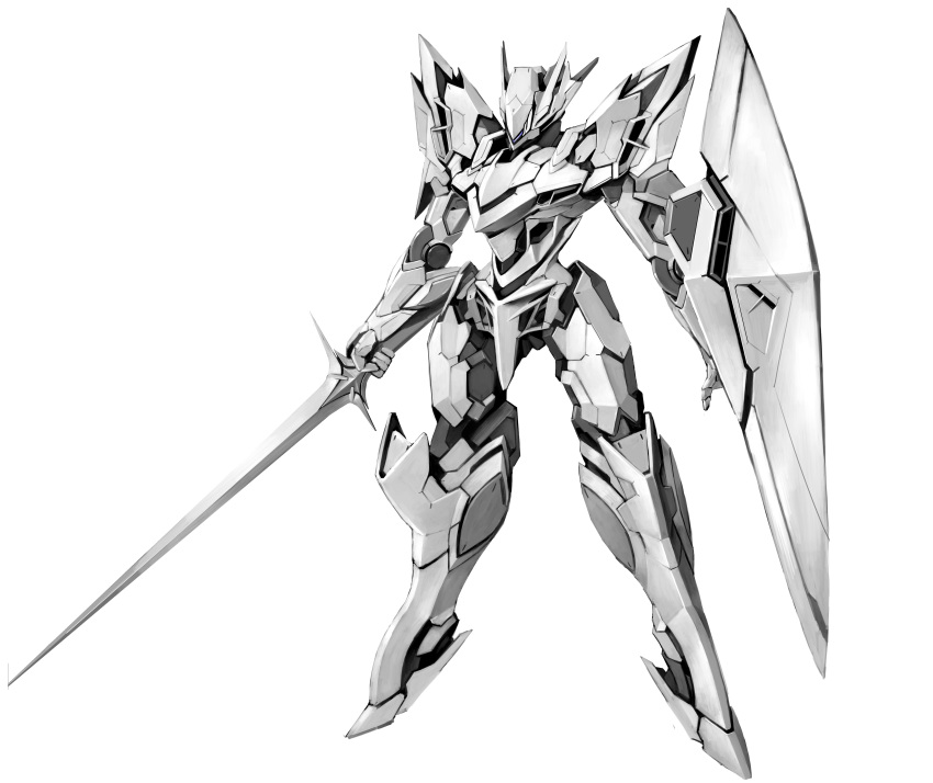 absurdres highres holding holding_shield holding_sword holding_weapon mecha ningen137 no_humans original robot science_fiction shield simple_background sword weapon white_background