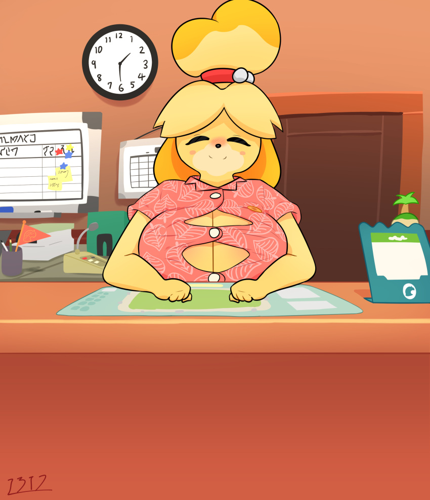 2022 absurd_res animal_crossing anthro big_breasts blush breasts canid canine canis clothed clothing domestic_dog female fur hair hi_res i3i2455_ivi394 isabelle_(animal_crossing) mammal nintendo office shih_tzu solo toy_dog video_games yellow_body yellow_fur