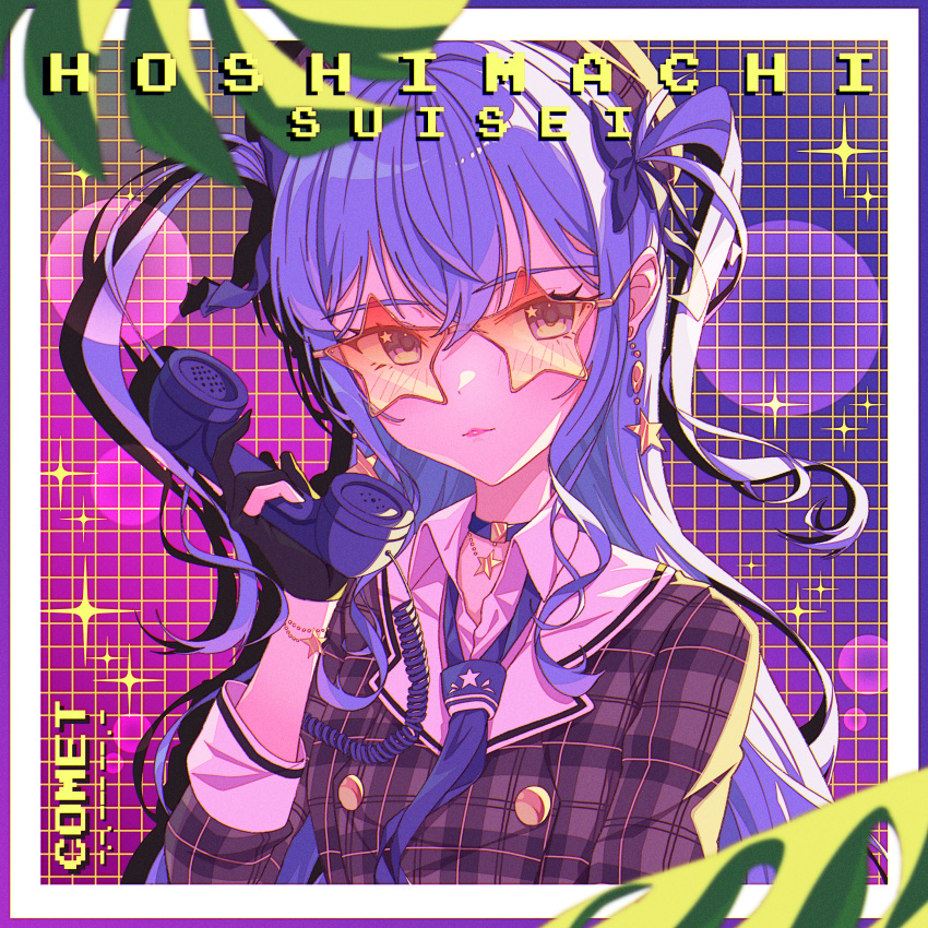 1girl absurdres bangs blue_hair blue_necktie blue_sailor_collar blush character_name closed_mouth collared_shirt corded_phone earrings gloves hair_between_eyes highres holding holding_phone hololive hoshimachi_suisei jewelry leaf long_hair long_sleeves necktie partially_fingerless_gloves phone plaid plaid_shirt sailor_collar shirt solo star-shaped_eyewear star_(symbol) star_earrings star_in_eye sunglasses symbol_in_eye two_side_up upper_body virtual_youtuber yozora_(1wkdgusdn)