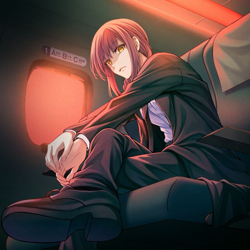 1girl airplane_interior black_necktie black_pants braid braided_ponytail business_suit chainsaw_man closed_mouth collared_shirt crossed_legs formal highres indoors long_coat looking_at_viewer makima_(chainsaw_man) moruo_(mo_mr3) necktie office_lady pants red_hair ringed_eyes seat shirt sitting solo suit window yellow_eyes