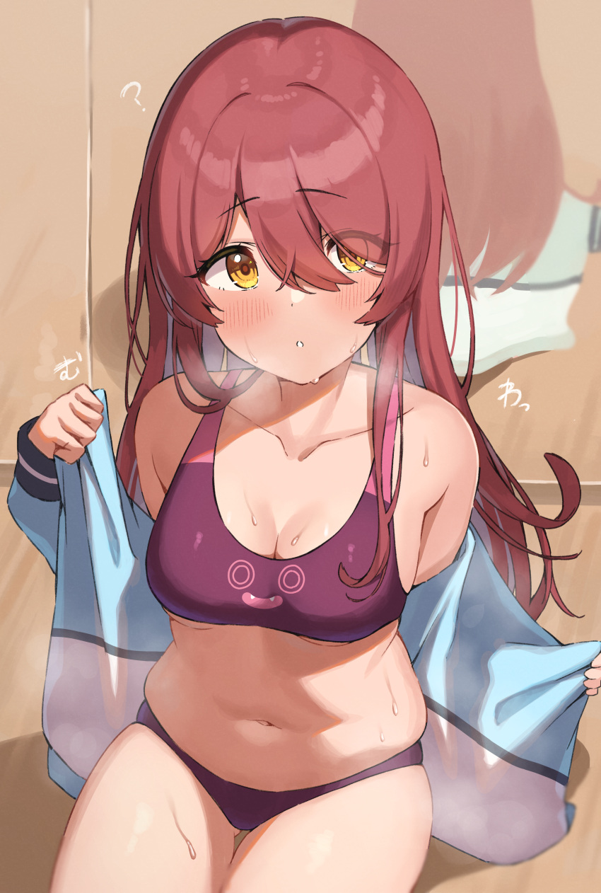 1girl absurdres bangs blush breasts brown_hair cleavage collarbone commentary_request cowboy_shot hair_between_eyes hair_over_one_eye highres idolmaster idolmaster_shiny_colors jacket long_hair looking_at_viewer medium_breasts mirror navel open_clothes open_jacket osaki_tenka reflection sitting solo sports_bikini steam steaming_body undressing wanimaru yellow_eyes