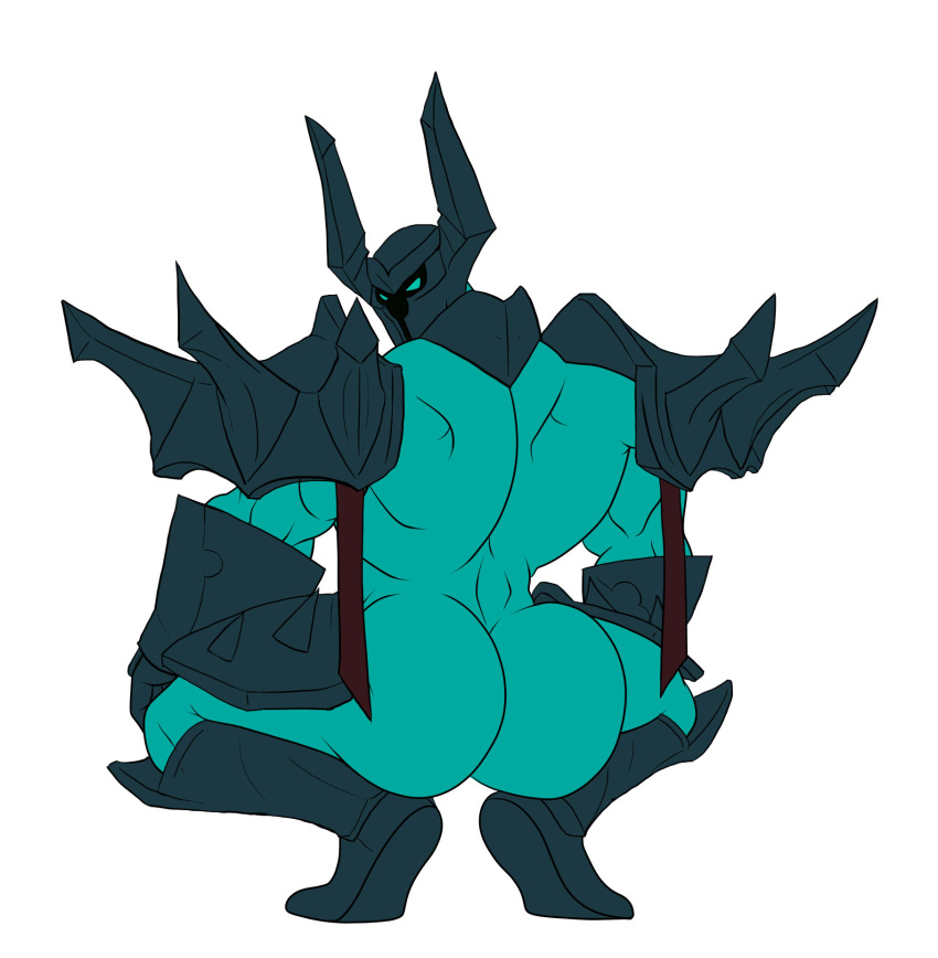 2021 armor big_butt big_muscles broly_culo butt butt_focus crouching green_body green_butt green_eyes headgear helmet hi_res humanoid league_of_legends looking_back male maniachybrid meme mordekaiser_(lol) muscular muscular_humanoid muscular_male parody rear_view riot_games simple_background solo spread_legs spreading video_games white_background