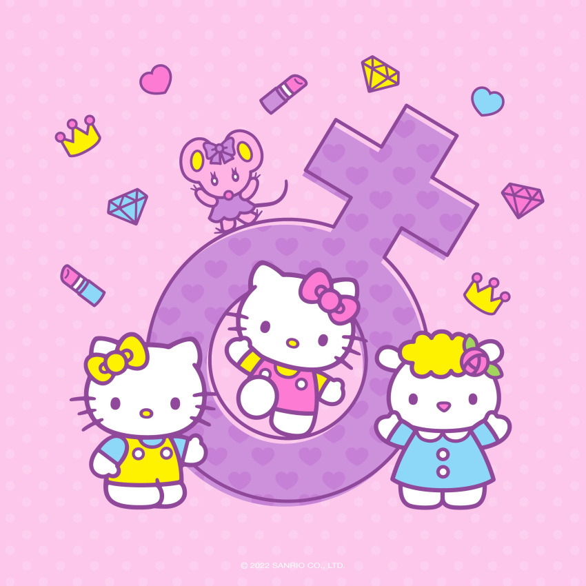 &lt;3 1:1 2022 abstract_background absurd_res accessory anthro barefoot big_ears big_head black_eyes black_tail blonde_hair bovid caprine claws clothed clothing crown diamond_(gem) domestic_cat dress ear_bow feet felid feline felis female female_symbol fifi_(sanrio) flower flower_in_hair fur gem gender_symbol group hair hair_accessory head_tilt headgear hello_kitty_(character) hello_kitty_(series) hi_res judy_(sanrio) lipstick long_tail looking_at_viewer makeup mammal mimmy_white mouse mouthless multicolored_ears murid murine o_o official_art on_one_leg overalls pink_background pink_body pink_ears pink_nose pink_skin plant pose raised_arm rodent rose_(flower) round_ears round_head sanding sanrio sheep shirt short_hair simple_background simple_eyes size_difference standing symbol thin_tail toe_claws topwear unknown_artist whiskers white_body white_ears white_eyes wide_eyed wool_(fur) yellow_body yellow_ears yellow_fur yellow_nose yellow_wool
