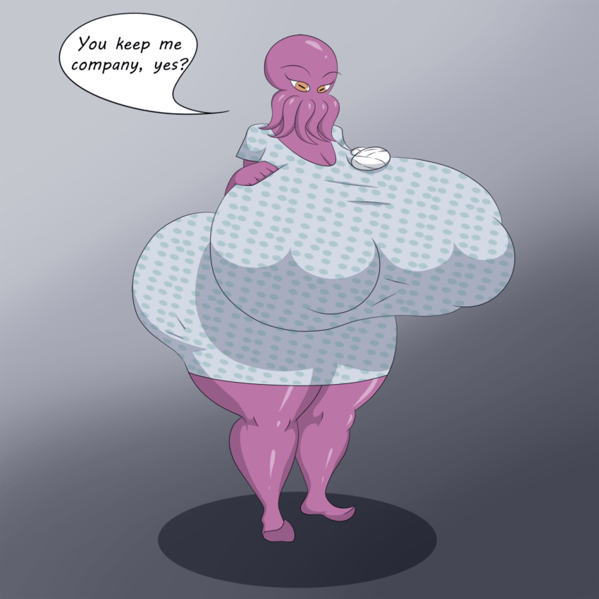 anthro bandaged_arm big_breasts big_butt breasts butt cephalopod coleoid english_text face_tentacles female gown hi_res huge_breasts huge_butt huge_hips huge_thighs hyper hyper_breasts jane_doe_(tvc) looking_at_viewer marine marshall123x_(artist) mollusk nipple_outline octopodiform octopus purple_body question_mark solo speech_bubble tentacles text the_vermander_curse thick_thighs wide_hips yellow_eyes zed_technician_games