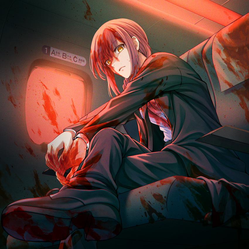 1girl airplane_interior black_necktie black_pants blood blood_in_hair blood_on_clothes blood_on_face blood_on_hands blood_on_wall blood_splatter braid braided_ponytail business_suit chainsaw_man closed_mouth collared_shirt crossed_legs formal highres indoors long_coat looking_at_viewer makima_(chainsaw_man) moruo_(mo_mr3) necktie office_lady pants red_hair ringed_eyes seat shirt sitting solo suit window yellow_eyes