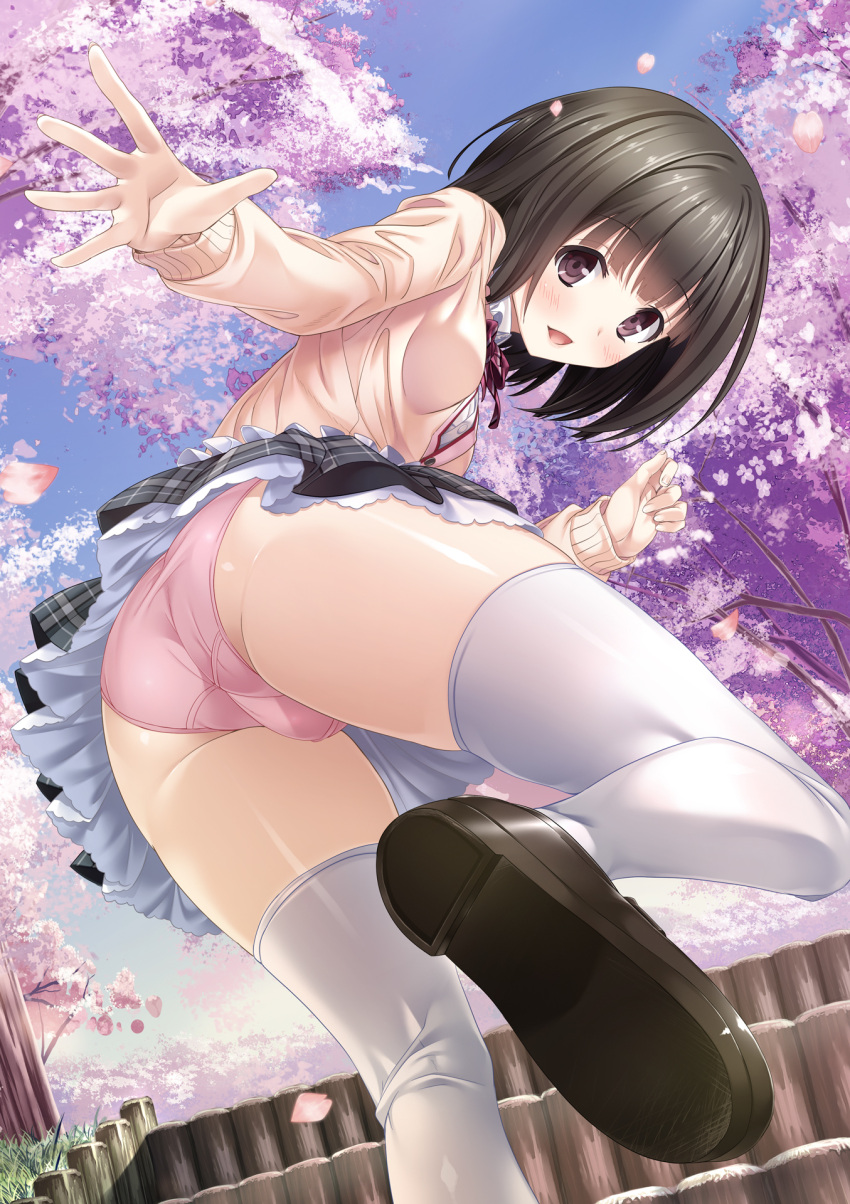 1girl ass bangs black_footwear black_hair black_skirt brown_eyes cardigan cherry_blossoms cherry_tree clothes_lift day haru_kiss highres layered_skirt loafers long_sleeves looking_at_viewer marui_(koedame) mtr16 outdoors outstretched_arm panties pink_panties school_uniform seto_konomi shoes short_hair skirt skirt_lift smile solo sweater thighhighs thighs trefoil underwear white_thighhighs