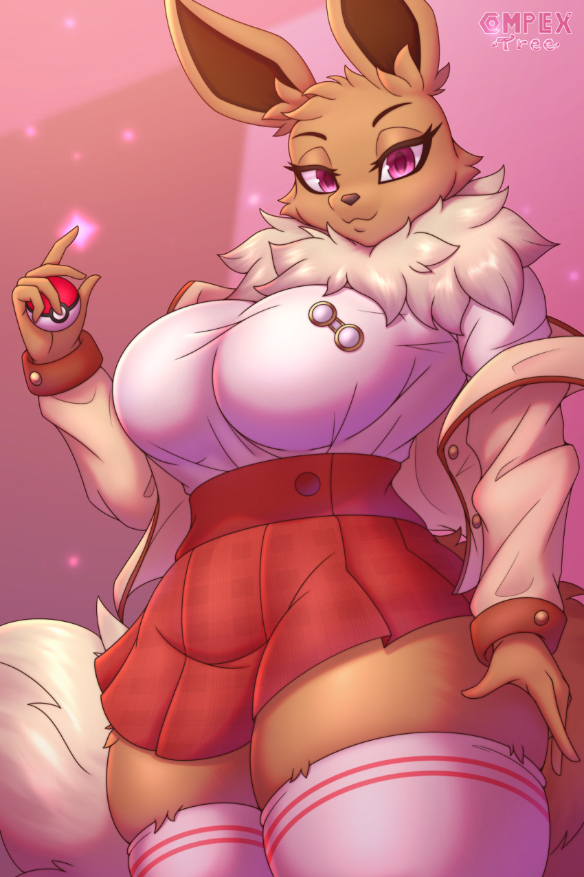 2022 2:3 5_fingers anthro anthrofied artist_name bottomwear clothed clothing complextree digital_media_(artwork) eevee english_text eyebrows eyelashes female fingers fur generation_1_pokemon gym_leader hi_res holding_object holding_pok&eacute;ball legwear looking_at_viewer mammal nintendo pokeball pokemon pokemon_(species) skirt solo squish text thigh_squish url video_games