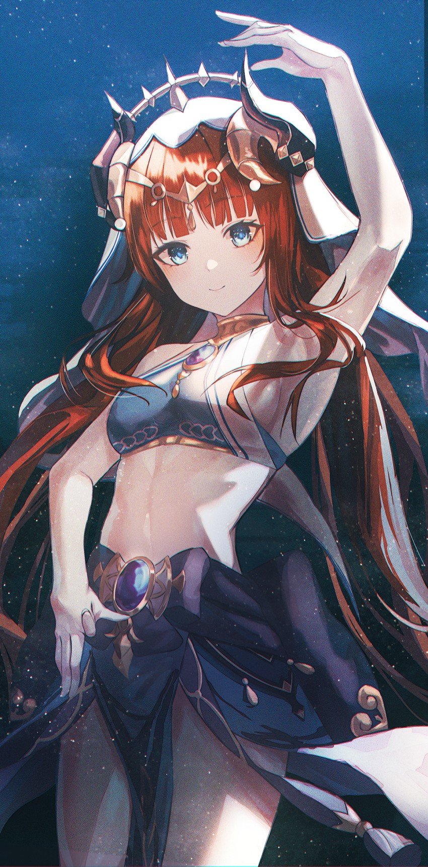1girl arm_up armpits bangs bare_arms bare_shoulders blue_eyes blue_skirt blush breasts brooch circlet closed_mouth commentary cowboy_shot crop_top film_grain floating_hair genshin_impact gold_trim hair_ornament harem_outfit highres horns jewelry long_hair looking_at_viewer low_twintails medium_breasts merryj midriff neck_ring nilou_(genshin_impact) no_detached_sleeves parted_bangs red_hair ring sash sideboob sidelocks skirt smile solo stomach symbol-only_commentary thighs twintails veil vision_(genshin_impact)