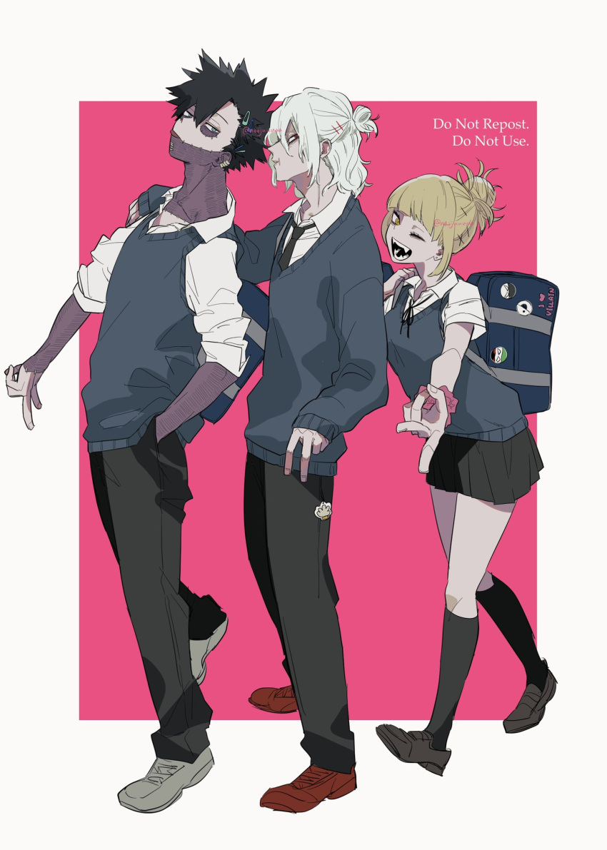 1girl 2boys ;d alternate_costume bag bags_under_eyes bangs bangs_pinned_back black_hair black_necktie black_pants black_socks blonde_hair blue_bag blue_cardigan blue_eyes blunt_bangs boku_no_hero_academia border brown_footwear burn_scar cardigan collared_shirt dabi_(boku_no_hero_academia) ear_piercing english_text eyebrows_hidden_by_hair fangs from_side full_body grey_footwear hair_between_eyes hair_bun hair_ornament hairclip half_updo hand_on_another's_shoulder highres holding_strap keychain kneehighs leaning_back leaning_forward loafers looking_at_viewer messy_hair multiple_boys naajuunaa narrowed_eyes necktie one_eye_closed open_mouth outside_border outstretched_arm pants piercing pleated_skirt red_eyes red_footwear scar scar_on_arm scar_on_neck school_bag scrunchie shigaraki_tomura shirt shoes shoulder_bag sidelocks single_hair_bun skirt sleeveless sleeveless_sweater sleeves_rolled_up smile socks spiked_hair stitches sweater toga_himiko tongue tongue_out twitter_username v walking white_border white_hair white_shirt wrist_scrunchie yellow_eyes