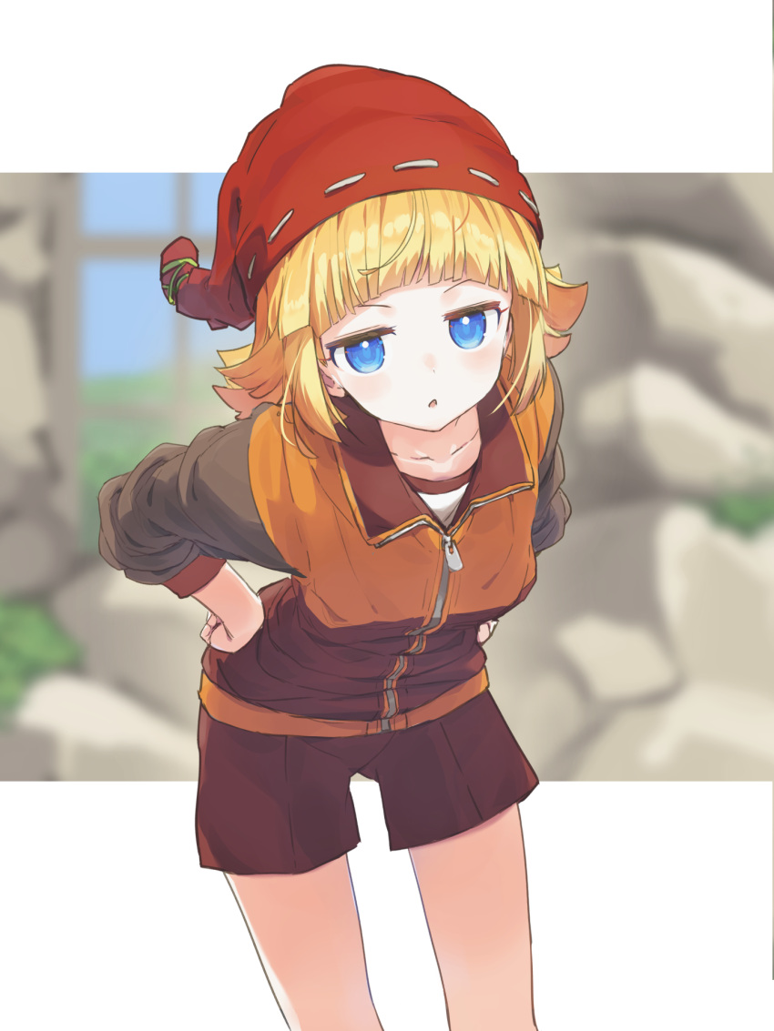 1girl bangs blonde_hair blue_eyes blunt_bangs blurry blurry_background blush character_request flipped_hair hands_on_hips hat headwear_request highres jitome jumpsuit leaning_forward long_hair long_sleeves looking_at_viewer parted_lips power_pro_appli rb2 rock shorts solo zipper