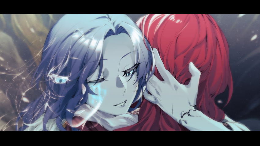 2girls blue_eyes blue_hair blue_skin closed_mouth colored_skin cracked_skin elden_ring extra_arms extra_faces family highres holding holding_weapon hug joints long_hair malenia_blade_of_miquella multiple_girls one_eye_closed ranni_the_witch red_hair shouzuo simple_background smile very_long_hair weapon witch