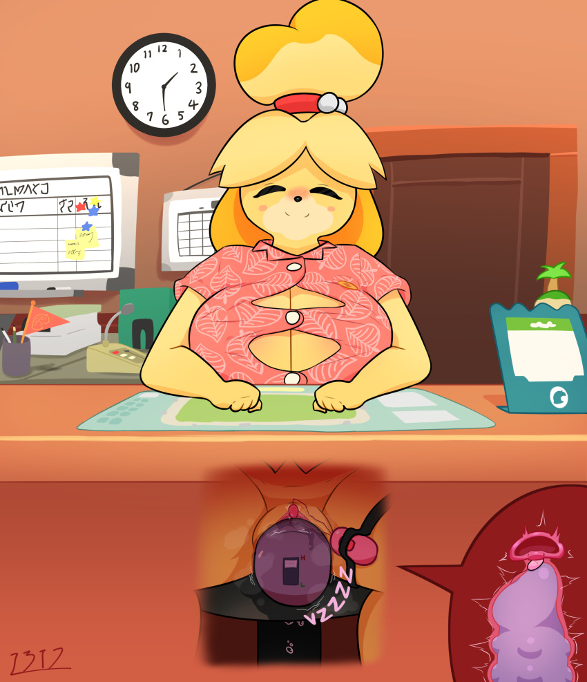 2022 absurd_res animal_crossing anthro big_breasts blush bodily_fluids breasts canid canine canis clothed clothing dildo domestic_dog female fur genital_fluids genitals hair hi_res i3i2455_ivi394 isabelle_(animal_crossing) mammal nintendo office penetration pussy pussy_juice sex_toy shih_tzu solo toy_dog uterus vaginal vaginal_penetration vibrator video_games xray_view yellow_body yellow_fur