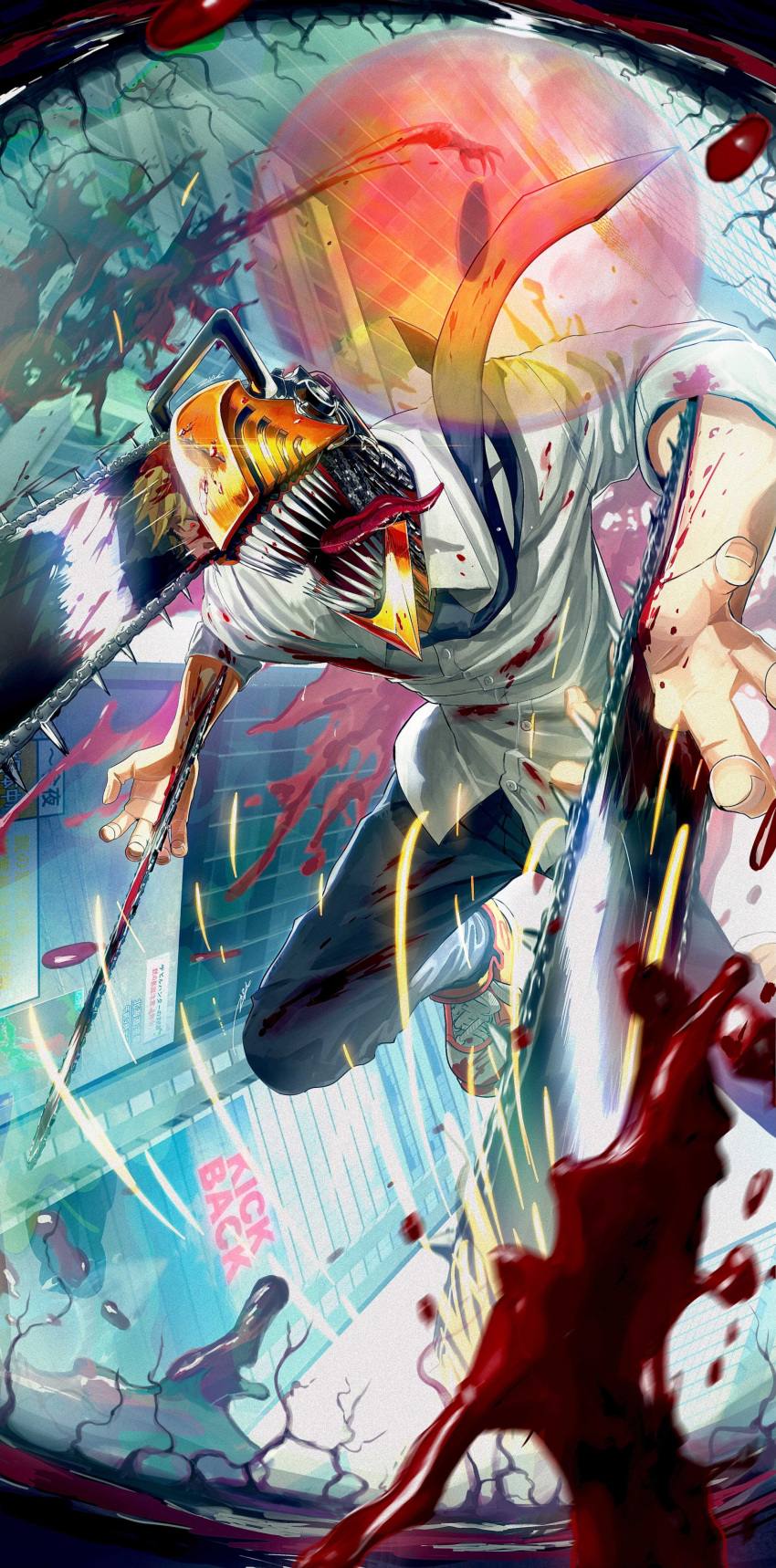 1boy 1other absurdres bad_perspective blonde_hair blood blood_on_clothes building chainsaw chainsaw_man denim denji_(chainsaw_man) different_reflection disembodied_limb glowing glowing_eye highres jeans necktie ossan_zabi_190 pants pov red_eyes reflection sharp_teeth shirt slit_pupils sparks teeth tongue tongue_out veins white_shirt
