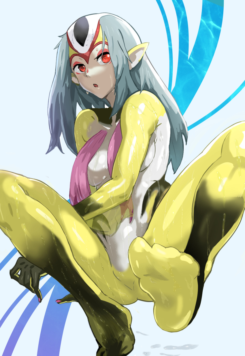 1girl ao_no_roku-gou breasts colored_skin daraz facial_mark full_body highres long_hair looking_at_viewer monster_girl multicolored_skin mutio open_mouth pointy_ears red_eyes simple_background solo yellow_skin