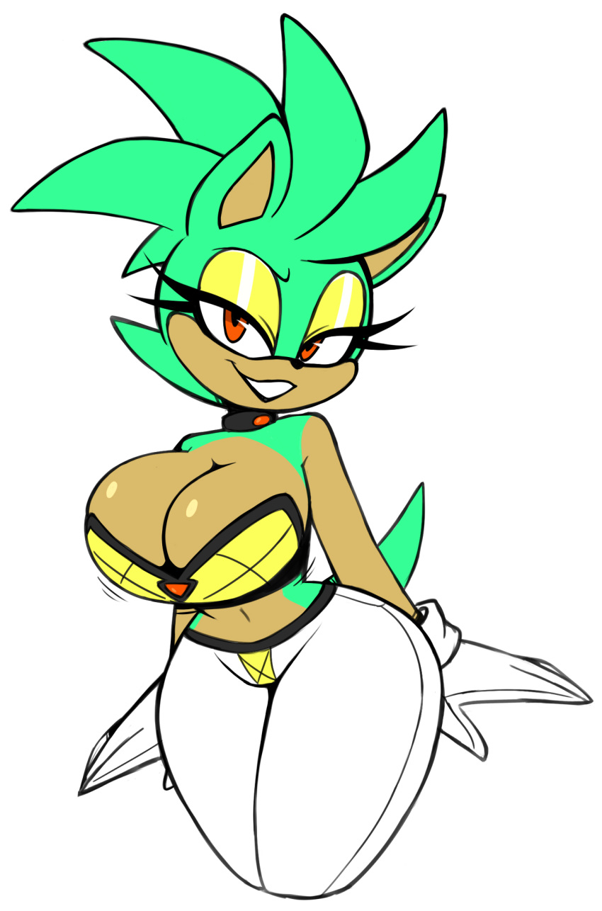 anthro big_breasts bottomwear breasts cleavage clothed clothing collar eulipotyphlan female gloves green_body handwear hedgehog hi_res looking_at_viewer mammal mint_the_hedgehog navel nelljoestar orange_eyes pants simple_background smile solo thick_thighs white_clothing wide_hips