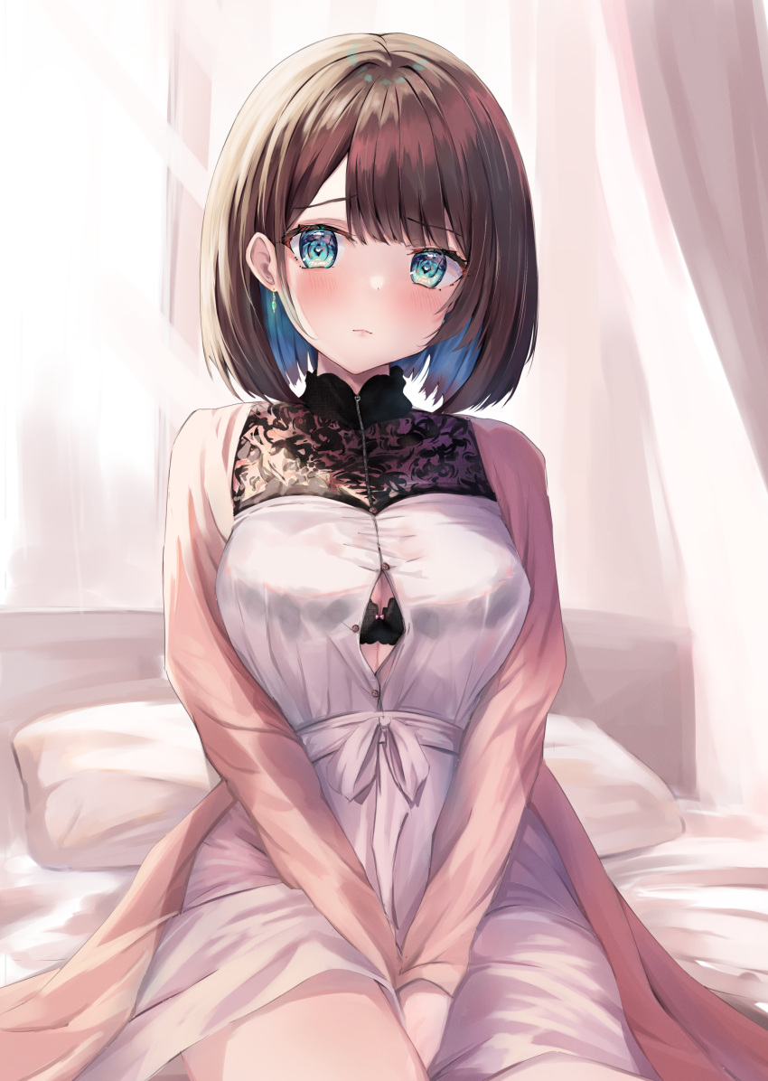 1girl absurdres aqua_eyes bangs bed bed_sheet between_legs blue_hair blush bob_cut bra_visible_through_clothes breasts brown_hair bursting_breasts cleavage closed_mouth colored_inner_hair curtains hand_between_legs highres long_hair looking_at_viewer mihasu multicolored_hair nightgown on_bed original pillow pink_nightgown short_hair sleepwear solo thighs two-tone_hair white_nightgown window