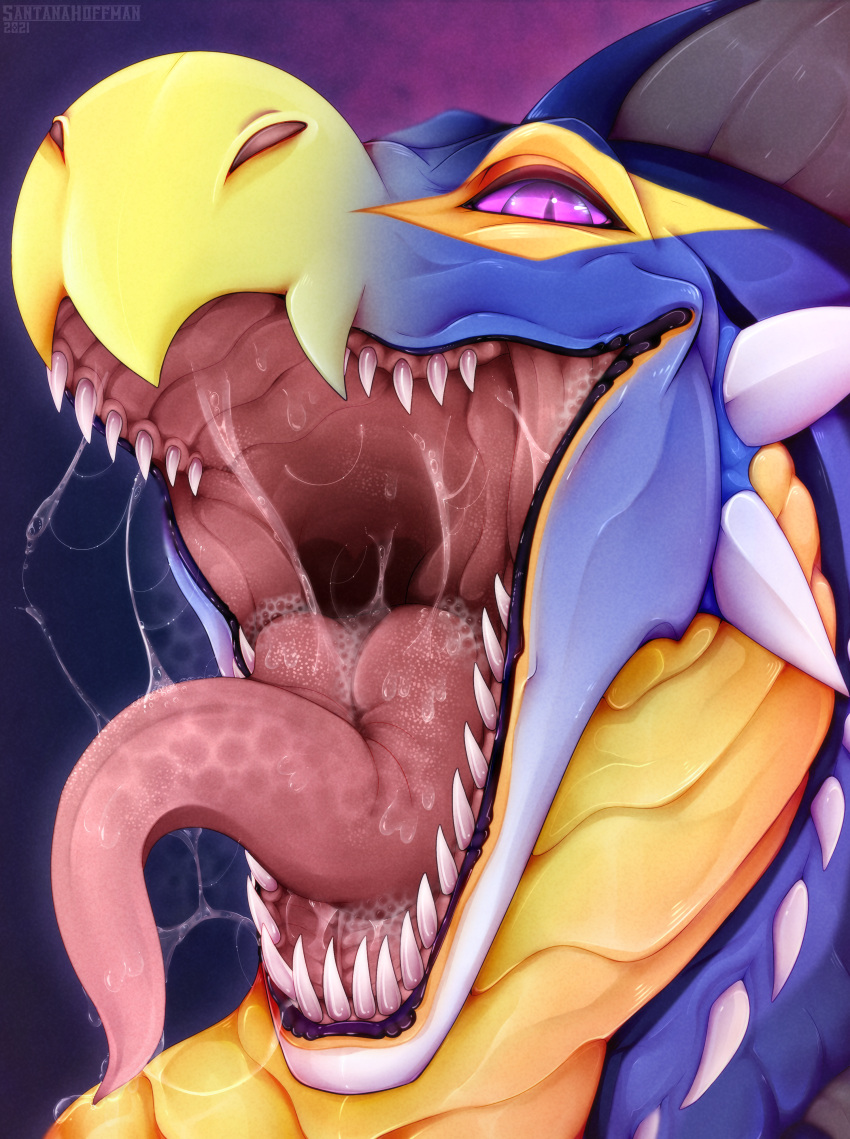 absurd_res artist_name blue_body bodily_fluids dragon feral frill_(anatomy) glistening glistening_eyes grey_frill head_crest head_frill hi_res looking_at_viewer mouth_shot narrowed_eyes open_mouth pink_eyes pink_sclera pink_tongue pupils saliva saliva_on_tongue saliva_string santanahoffman sharp_teeth simple_background slit_pupils solo teeth tongue yellow_body