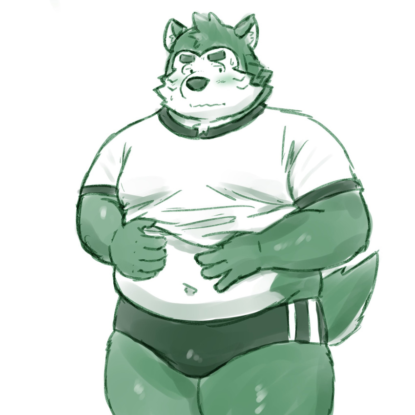 anthro belly blush canid canine canis domestic_dog embarrassed eyebrows fur green_body green_fur hi_res lifewonders live-a-hero male mammal mokdai navel overweight solo thick_eyebrows video_games yaki_atsuage